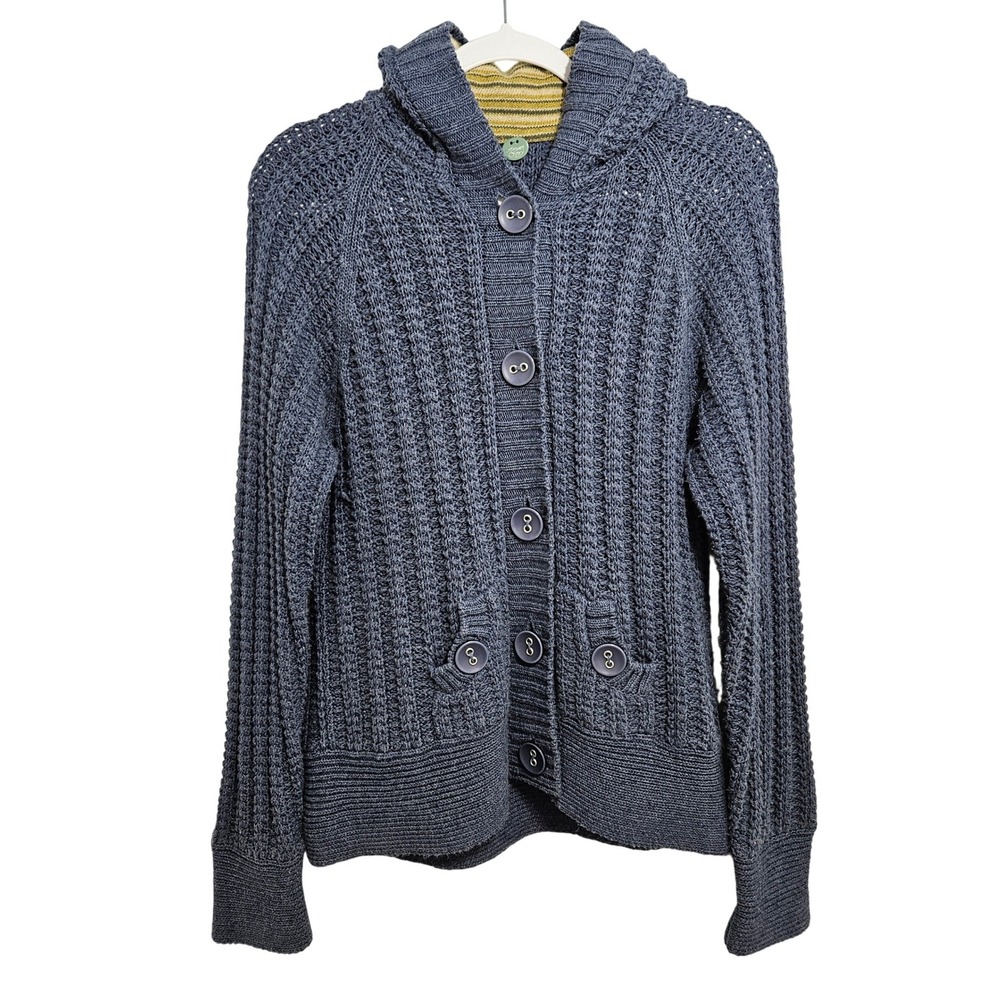 Margaret O'Leary Knit Cardigan Sweater Chunky Fisherman Hooded Cotton Blue XL